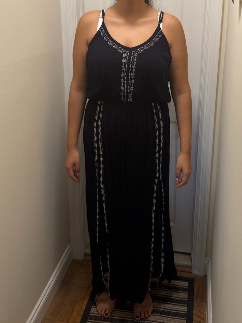 Navy Maxi Dress with White Embroidery - Size 12